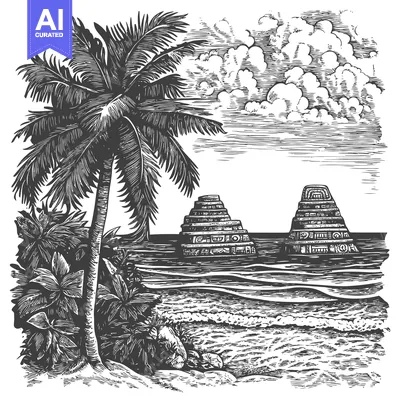 Tropical Beach Scene with Palm Tree and Ancient Ruins
