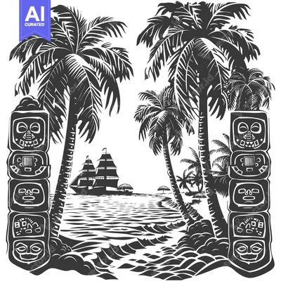 Aset desain premium: Tropical Island Scene with Palm Trees and Totem Poles