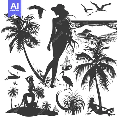 Tropical Island Scene with Palm Trees, Birds, and Women in Silhouette