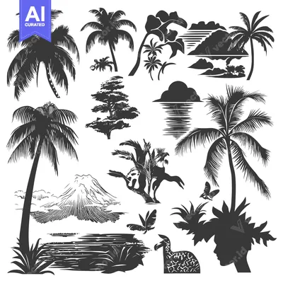 Aset desain premium: Tropical Island Silhouettes with Palm Trees, Mountains, and a Woman