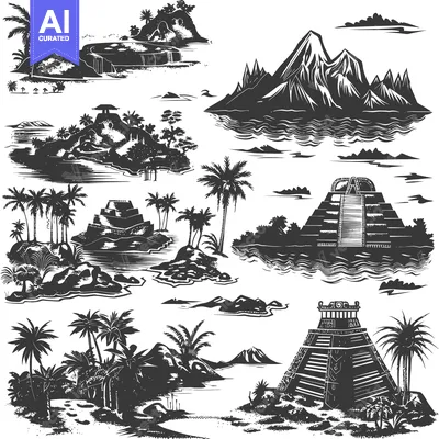 Tropical Islands with Ancient Ruins and Palm Trees