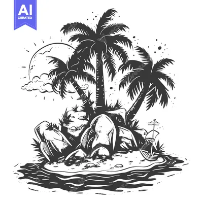 Aset premium populer: Tropical Island with Palm Trees, Rocks, and a Small Boat