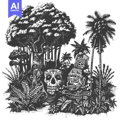 Tropical Jungle Scene with Mayan-Inspired Skulls and Masks