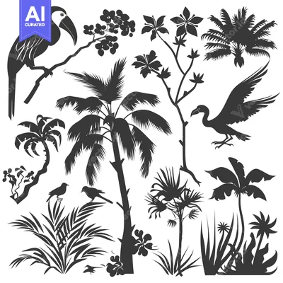 Tropical Rainforest Silhouette with Birds and Palm Trees