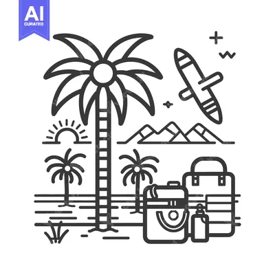Tropical Vacation Line Art Illustration with Palm Trees, Backpacks, an