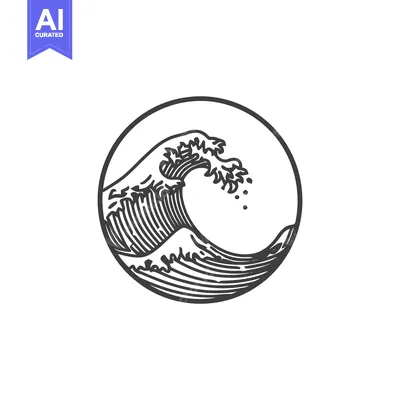 Engraved Wave in Circle: Vintage Ocean Graphic with Hatching
