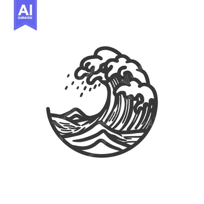 Stylized Wave Cresting with Water Droplets in Circular Design