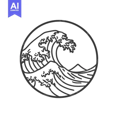 Minimalist Great Wave Outline in Circle, Japanese Art Inspired Design
