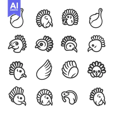 Turkey Bird Line Icons in Various Poses and Views