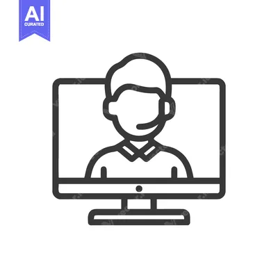 Customer Support Icon: Man with Headset on Computer Screen, Outline St
