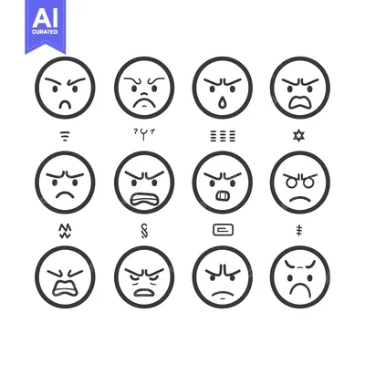 Twelve Black and White Angry Emojis with Symbols Below