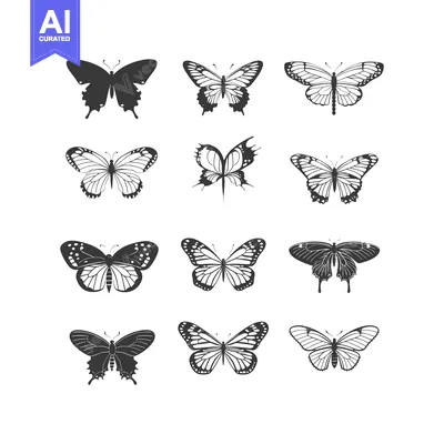 Twelve Black and White Butterfly Silhouettes