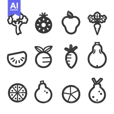Twelve Black and White Icons of Fruits and Vegetables