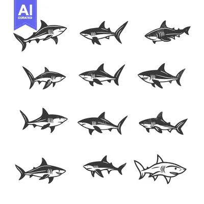 Twelve Black and White Illustrations of a Shark Swimming
