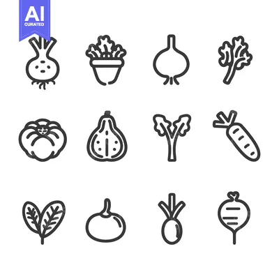 Twelve Black and White Line Drawings of Different Vegetables