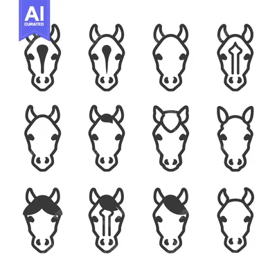 Twelve Black and White Line Drawings of Horse Heads