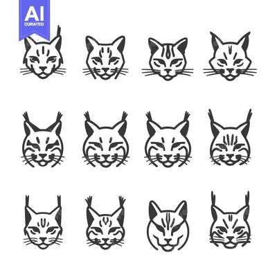 Aset desain premium: Twelve Black and White Line Drawings of Lynx Faces