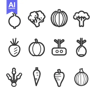 Twelve Black and White Line Drawings of Vegetables