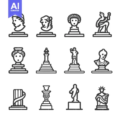Twelve Black and White Outline Icons of Ancient Greek Statues
