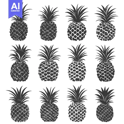 Twelve Black and White Pineapple Silhouettes