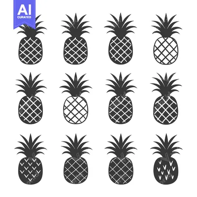 Aset desain premium: Twelve Black and White Pineapple Silhouettes in a Grid Pattern