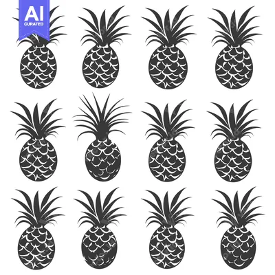 Aset premium populer: Twelve Black and White Pineapple Silhouettes on a White Background