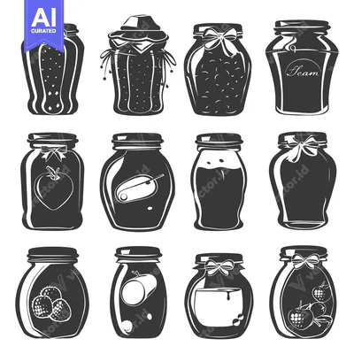 Aset premium populer: Twelve Black and White Silhouettes of Glass Jars with Various Contents
