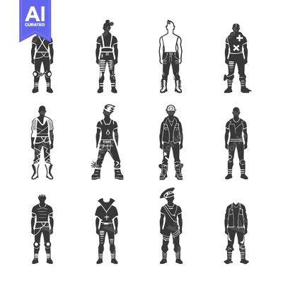 Twelve Black and White Silhouettes of Men in Various Outfits