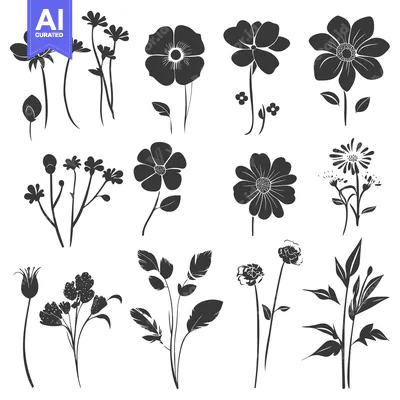 Twelve Black and White Silhouettes of Various Flowers and Foliage