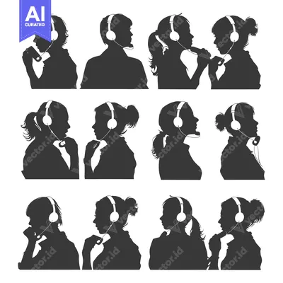 Twelve Black and White Silhouettes of Women Wearing Headphones
