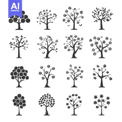 Twelve Black and White Stylized Tree Silhouettes
