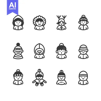 Twelve Black and White Winter Icons of People Wearing Warm Clothing