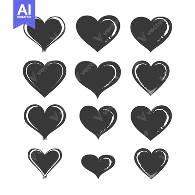 Twelve Black Hand-Drawn Hearts with White Outlines
