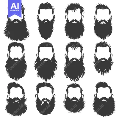 Twelve Black Silhouettes of Beards and Hairstyles on a White Backgroun