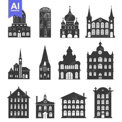Twelve Black Silhouettes of Different Styles of Buildings