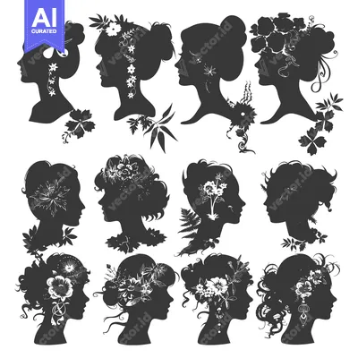 Twelve Black Silhouettes of Female Faces Adorned with Flowers
