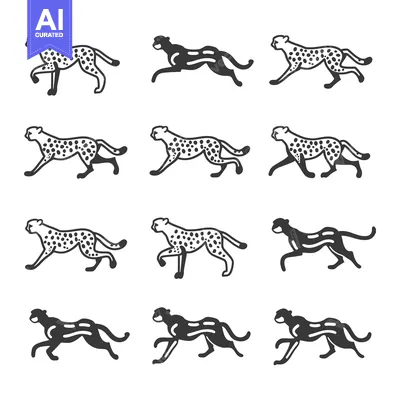Twelve Cheetah Silhouettes in Various Running Poses