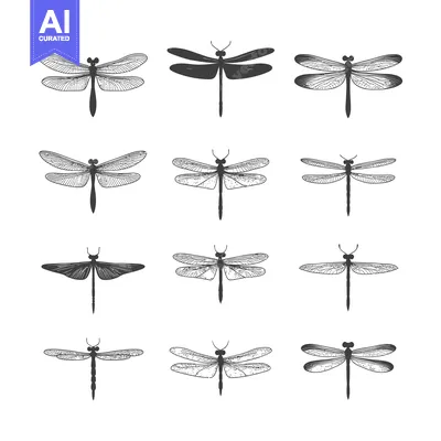 Twelve Detailed Hand-Drawn Dragonfly Illustrations