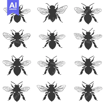 Twelve Detailed Silhouettes of Bees with Spread Wings