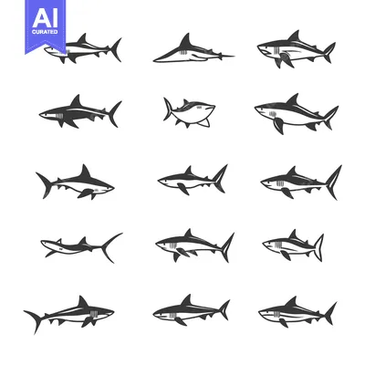 Twelve Different Black and White Shark Silhouettes