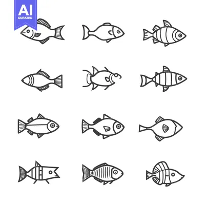 Twelve Different Line Drawings of Fish