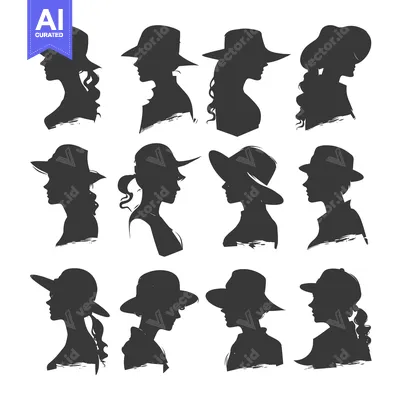 Twelve Female Silhouettes Wearing Hats in Profile