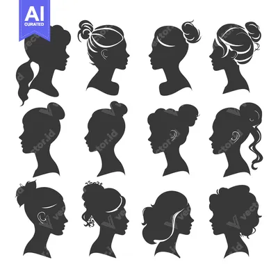 Twelve Female Silhouettes with Various Hairstyles