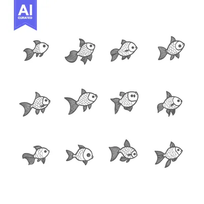 Twelve Hand-Drawn Illustrations of Fish in Grey