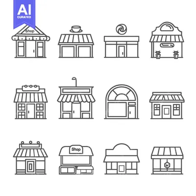 Aset premium populer: Twelve Hand-Drawn Outline Illustrations of Storefronts
