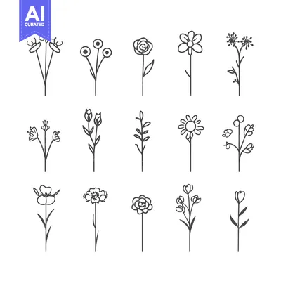 Aset desain premium: Twelve Hand-Drawn Outline Illustrations of Various Flowers and Plants