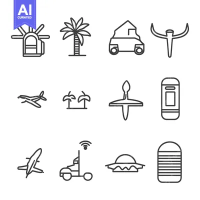 Twelve Linear Black and White Icons Depicting Diverse Objects and Scen