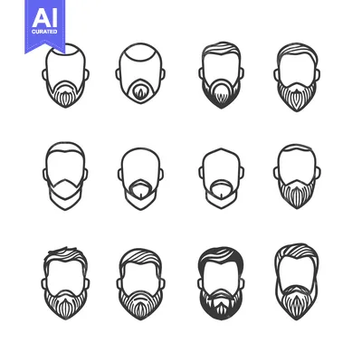 Twelve Line Art Illustrations of Beards and Mustaches on Male Faces
