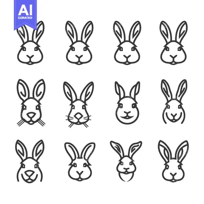 Twelve Line Art Illustrations of Rabbit Faces with Variations in Featu