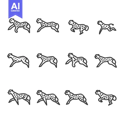 Twelve Line Drawings of Cheetahs Running and Standing in Various Posit